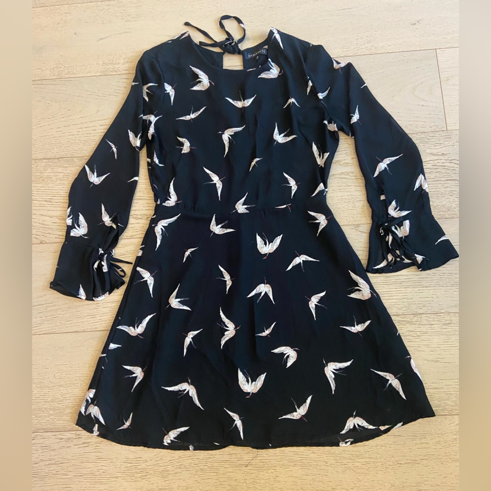 Black Fit & Flare Mini Dress Bird Print Medium Square Neck Feminine Summer - Picture 2 of 8